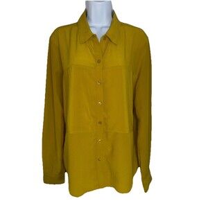 Spanx Low-Maintenance 100% Silk Button Down Shirt Dijon Mustard Women Large